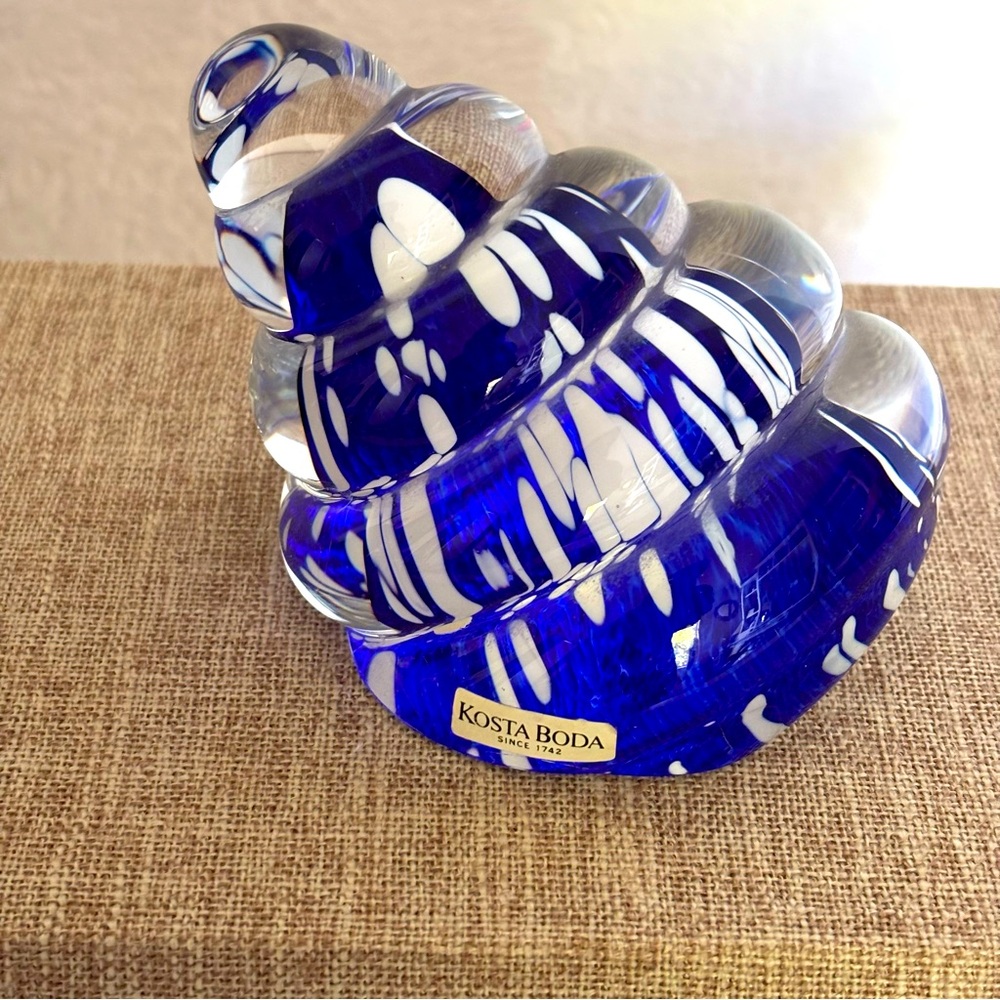 Kosta Boda Art Glass Paperweight Blue White Scandanavian Collectible